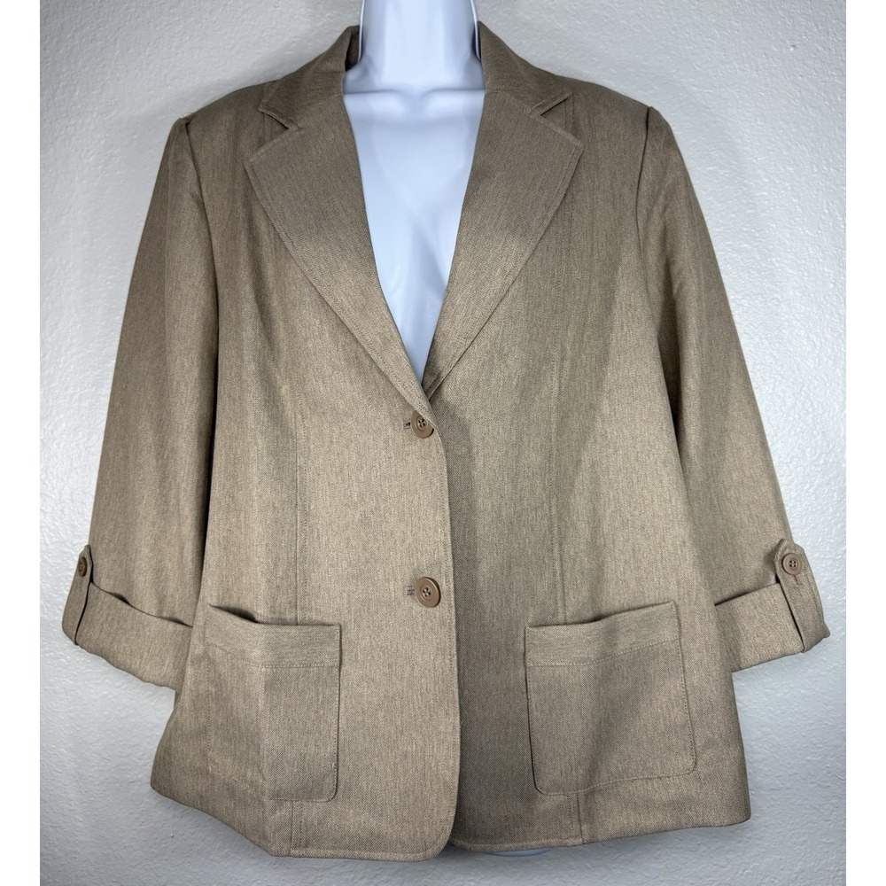 Alfred Dunner Tan Brown Button Front Blazer Jacket Women Size 14 Work Attire